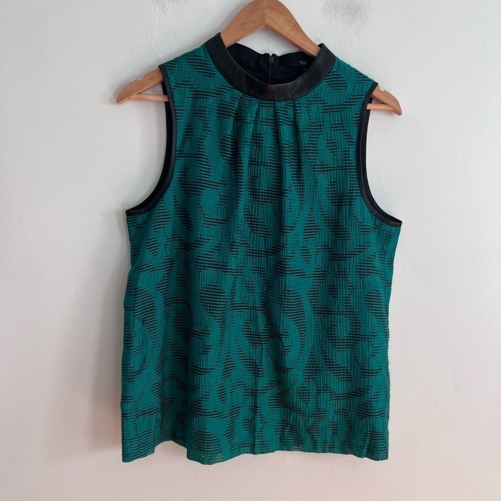 Tibi Green & Black Top w/ Leather Trim Sleeveless top